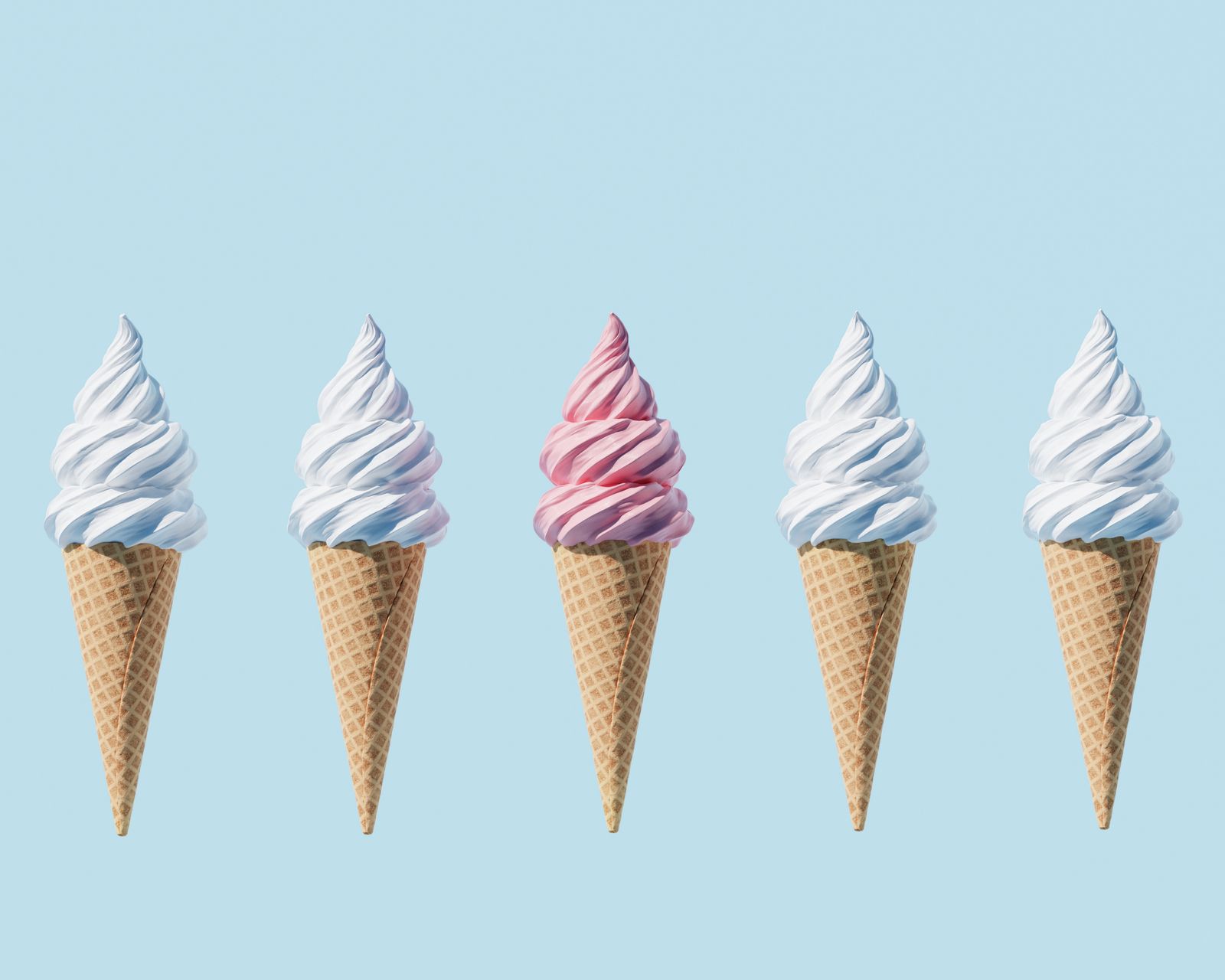 A row of soft-serve ice cream cones. Temporary concept photography.
