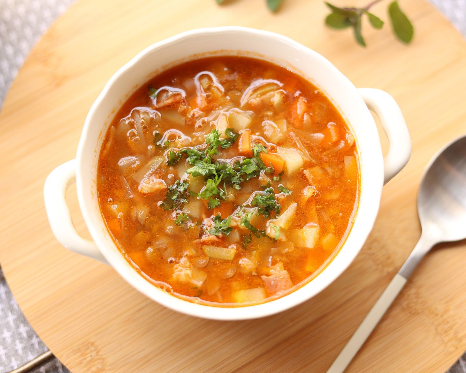 A hearty soup in a handled bowl. Temporary concept photography.
