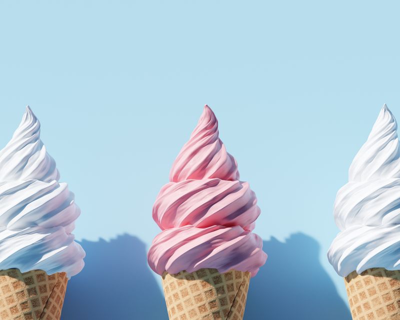 Three soft-serve ice cream cones, pink and vanilla. Temporary concept photography.